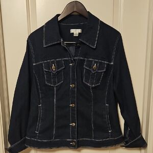 Dark Denim Jacket | Christopher & Banks | White Stitching | W Sz. L